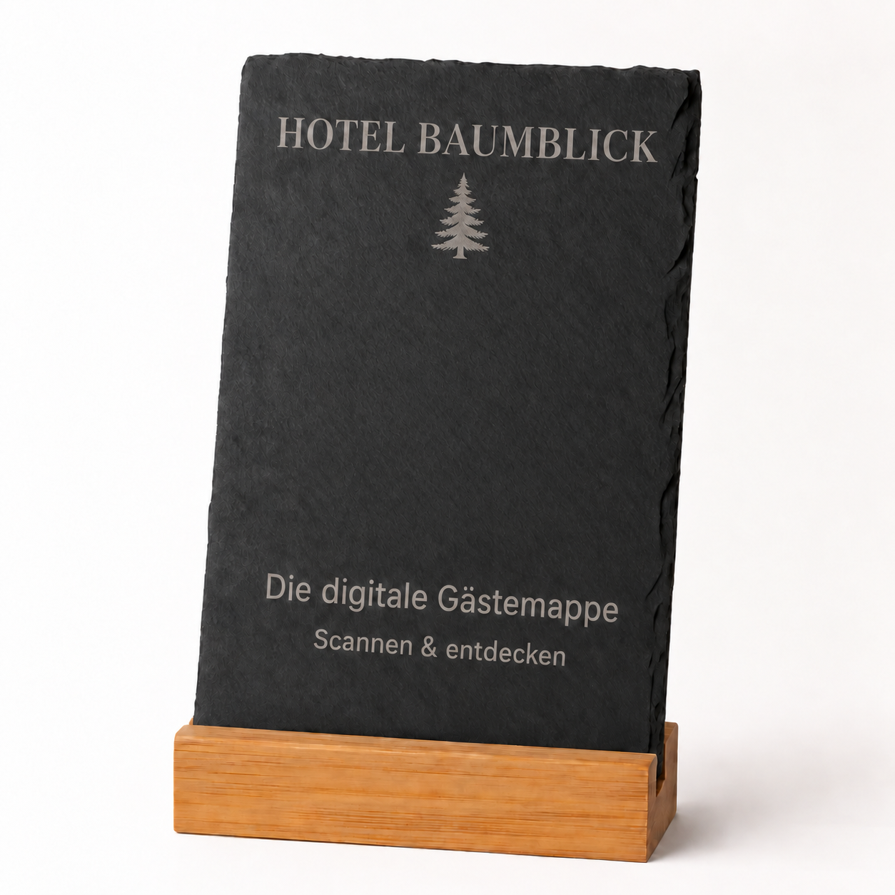 Beispiel eines Schiefer-QR-Tischaufstellers für das Hotel Baumblick